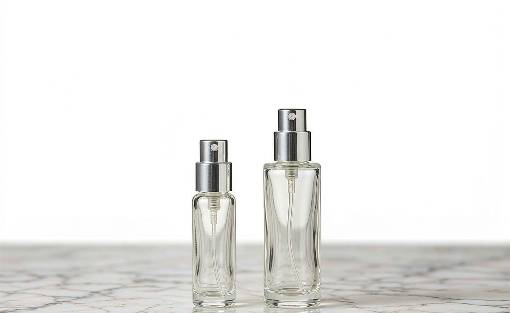5ml and 10ml perfume sample bottles with silver crimp sprayers side by side