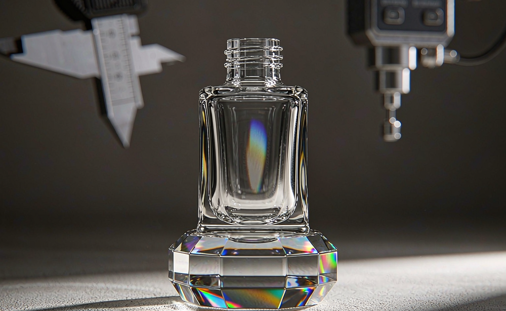 Measuring perfume bottle base thickness with a thickness gauge in a glass factory quality lab