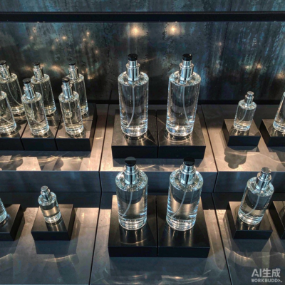 Perfume bottles of different heights arranged on a luxury retail fragrance shelf