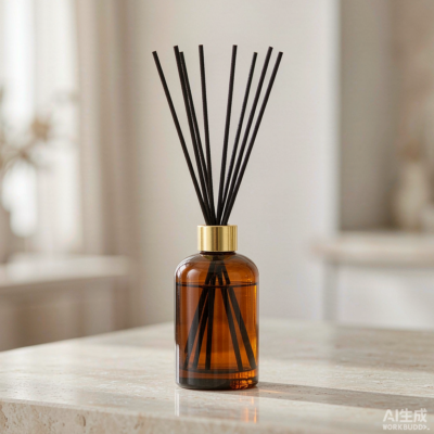 Amber glass reed diffuser bottle with golden metal collar and dark rattan reeds on a bright interior surface