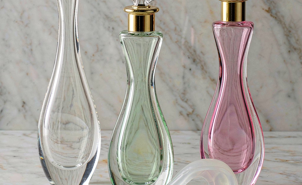 Women's perfume bottle design patterns with curved glass silhouettes for luxury fragrance packaging