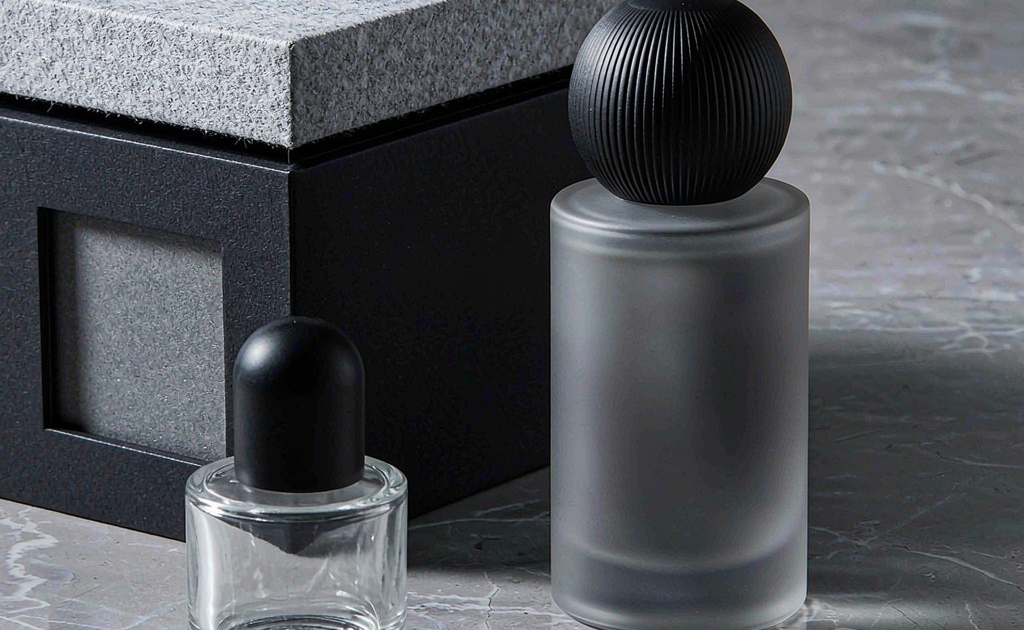 Gender-neutral fragrance packaging with minimalist glass perfume bottles in neutral tones