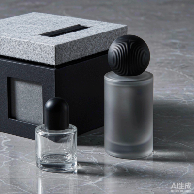 Gender-neutral fragrance packaging with minimalist glass perfume bottles in neutral tones