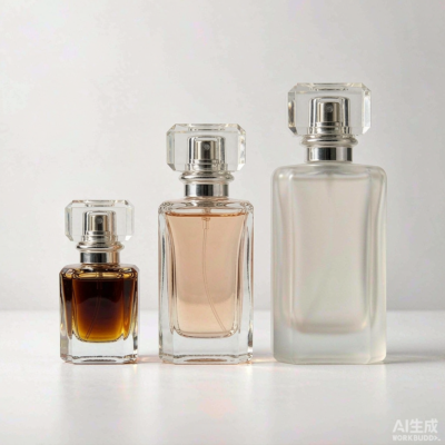 Perfume concentration bottle size guide showing multiple glass perfume bottles arranged by volume