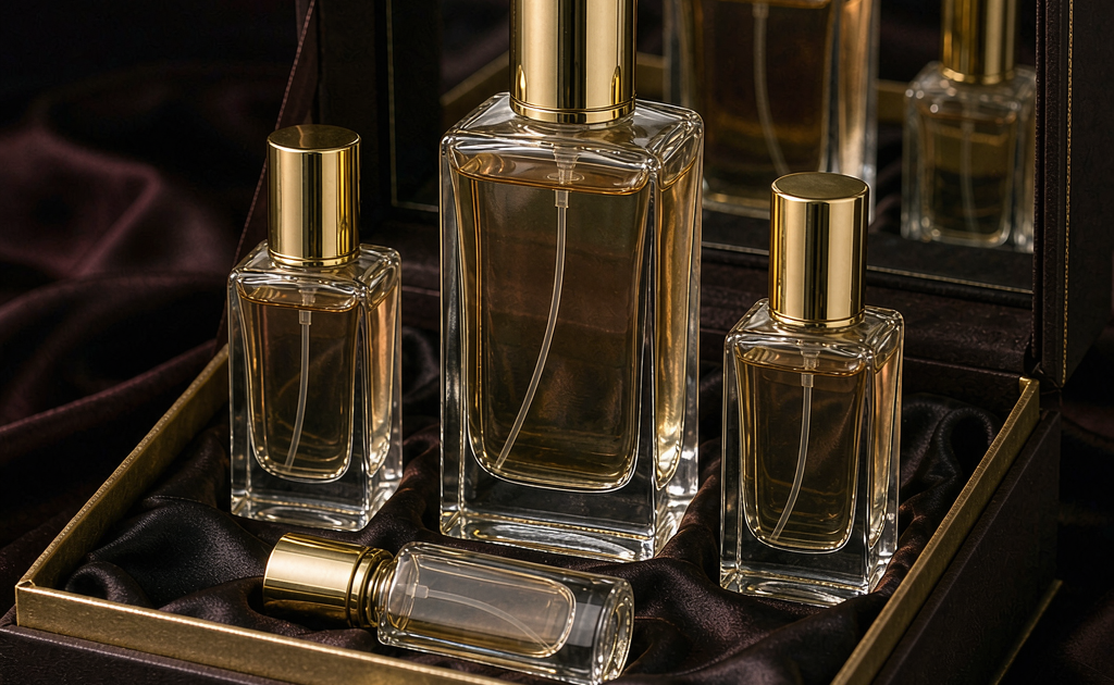 Perfume gift set bottles arranged in a luxury rigid box with 100ml hero bottle and travel size
