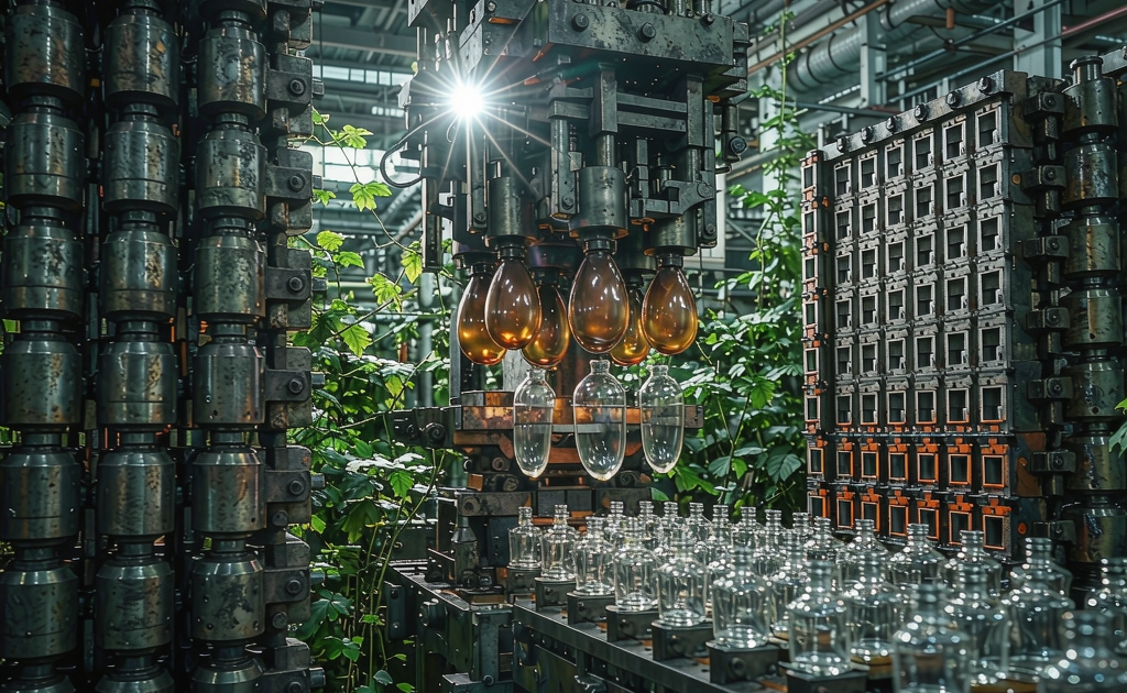 IS machine forming glass perfume bottles on a production line
