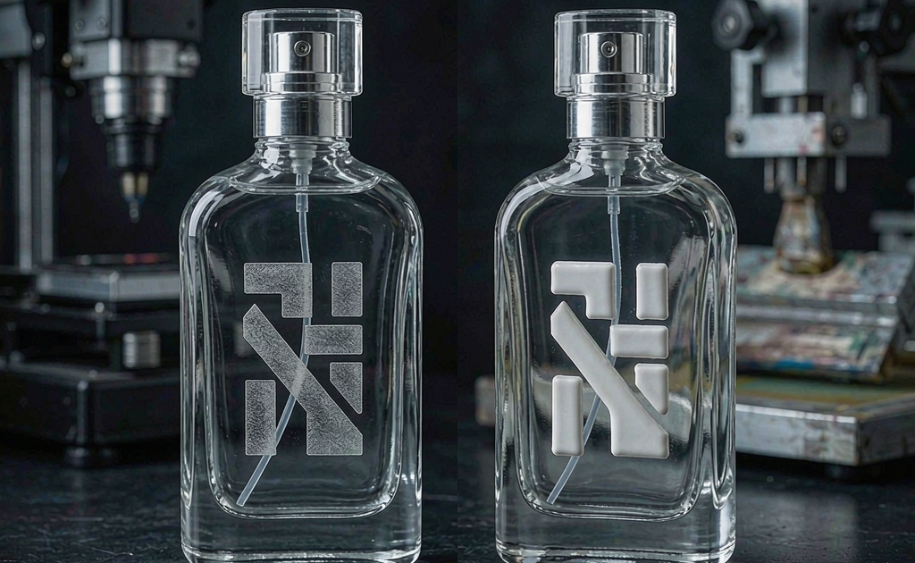 Laser engraving versus screen printing comparison on glass perfume bottles
