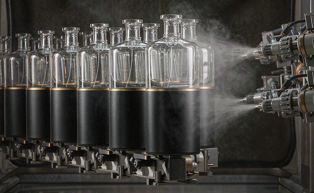 Two-tone spray perfume bottle production with masking and gold band boundary in a factory spray booth