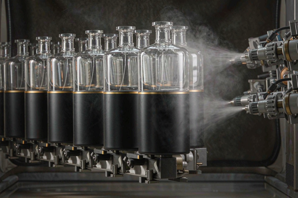 Two-tone spray perfume bottle production with masking and gold band boundary in a factory spray booth
