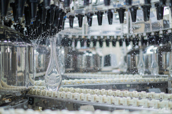 Clear glass perfume bottles passing through an automated washing and drying tunnel with air knives in a glass factory