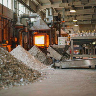 Crushed clear glass cullet beside silica sand and soda ash at a perfume bottle factory batch house feeding a glowing glass furnace