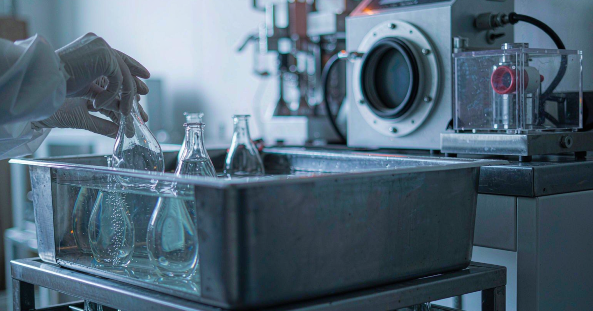 Perfume bottles submerged in a water bath leak test tank with bubbles rising beside an automated vacuum decay leak tester in a factory QC lab