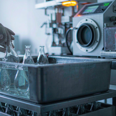 Perfume bottles submerged in a water bath leak test tank with bubbles rising beside an automated vacuum decay leak tester in a factory QC lab