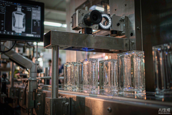 Automated vision inspection camera scanning clear glass perfume bottles on a factory conveyor line