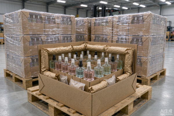 Palletized export cartons of glass perfume bottles with cell dividers, stretch wrap, corner boards and container desiccant bags in a warehouse