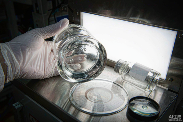 Inspector holding a clear glass perfume bottle against a backlight to check for internal stones, cords and bubbles