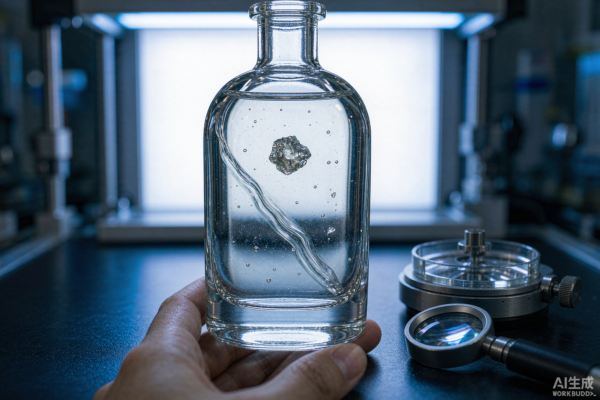 A clear glass perfume bottle backlit on a QC inspection bench showing internal glass defects - stone inclusion, cord streaks and small bubbles