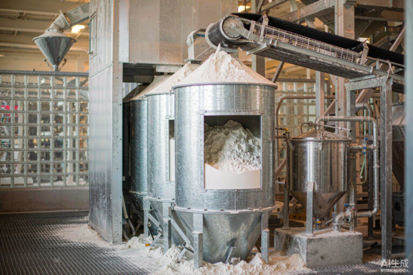A glass factory batch house with storage silos of silica sand and soda ash feeding a weigh hopper before melting