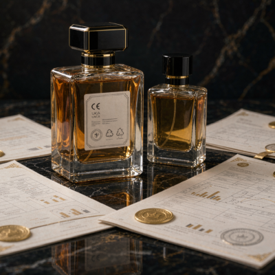 A perfume bottle beside regulatory compliance documents and a laboratory test report on a dark marble surface