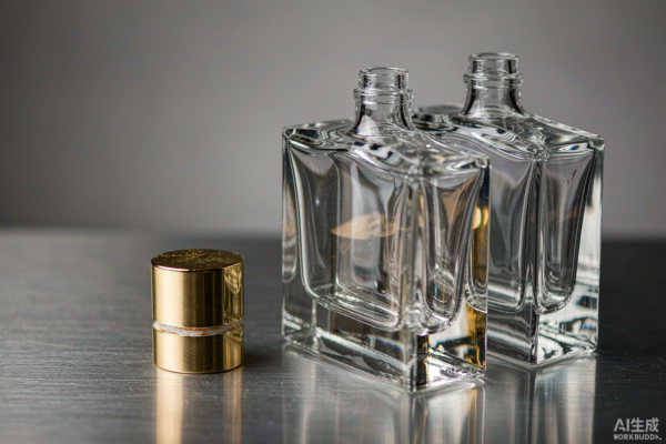 Electroplated gold perfume cap and spray-coated glass perfume bottles on a stainless steel compliance laboratory bench