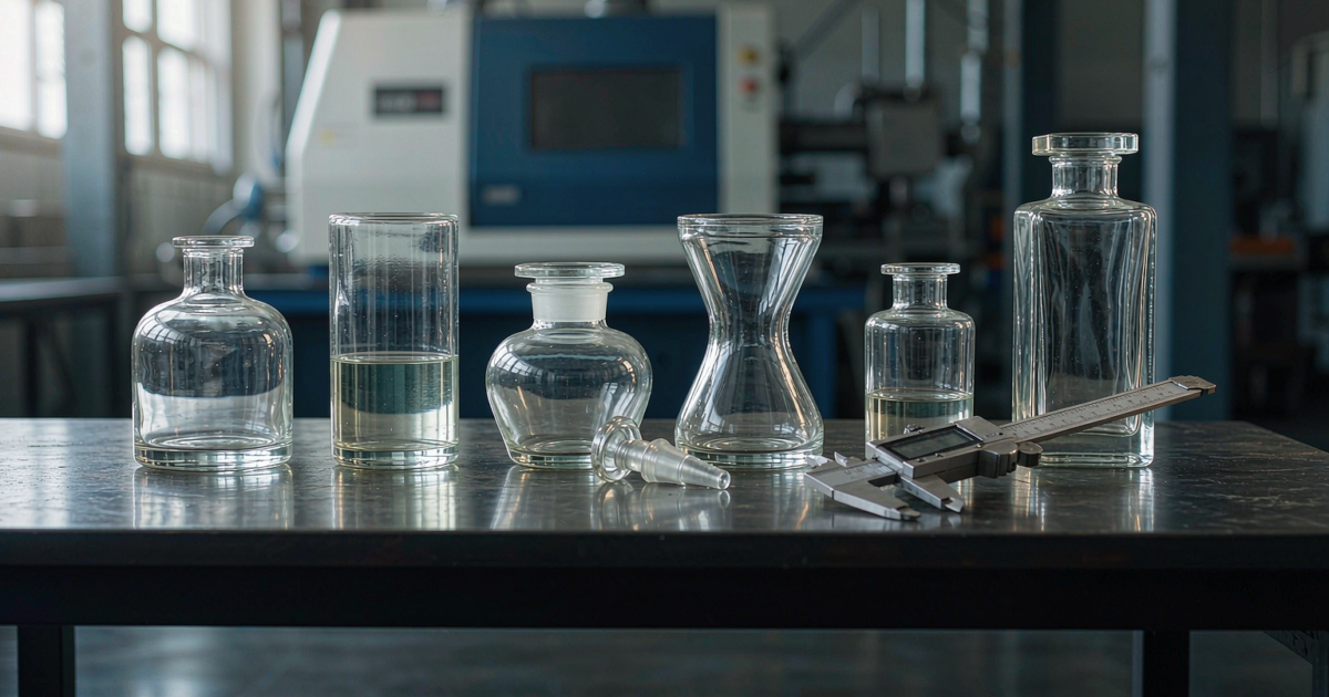 Six clear glass perfume bottles of different shapes lined up on a workshop bench with a digital caliper in front