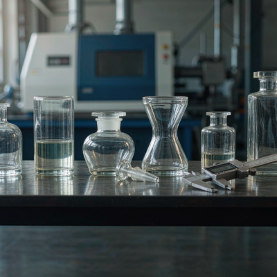 Six clear glass perfume bottles of different shapes lined up on a workshop bench with a digital caliper in front