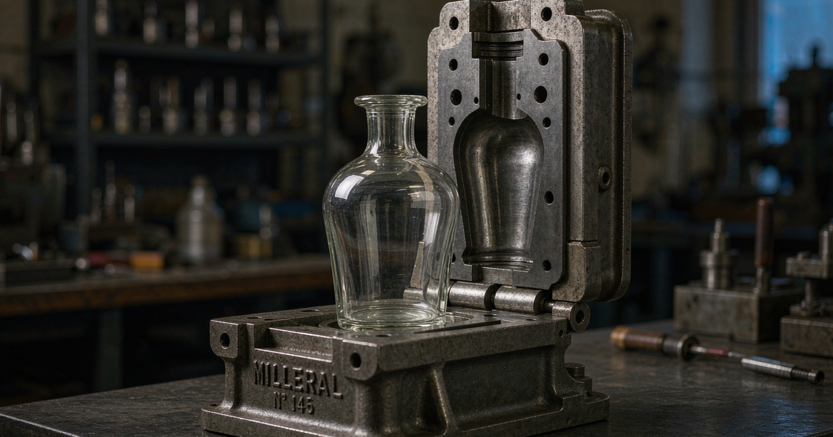 A cast-iron perfume bottle mould set opened on a glass factory workbench with a clear glass flacon resting between the two steel halves