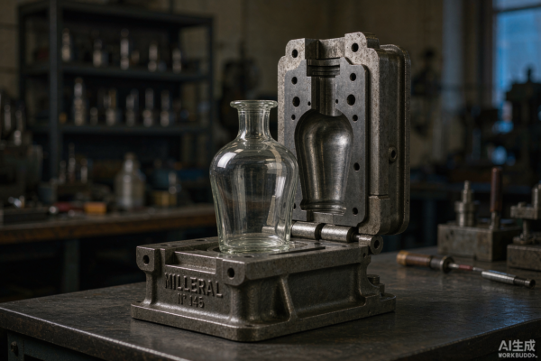 A cast-iron perfume bottle mould set opened on a glass factory workbench with a clear glass flacon resting between the two steel halves