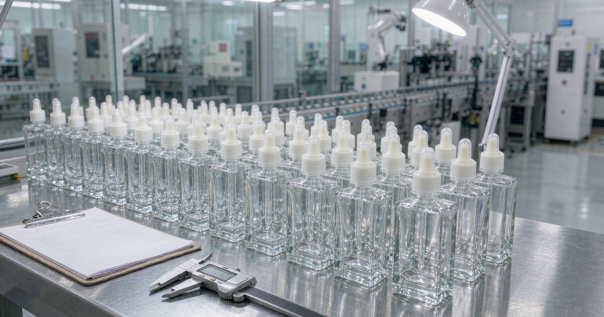Rows of clear glass perfume bottles on a quality control inspection bench in a glass factory with inspection lamps and a digital caliper