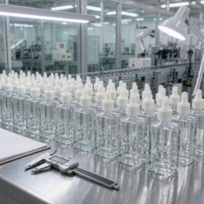 Rows of clear glass perfume bottles on a quality control inspection bench in a glass factory with inspection lamps and a digital caliper
