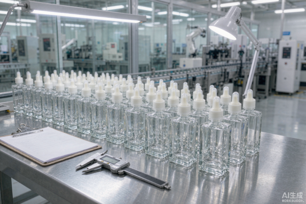 Rows of clear glass perfume bottles on a quality control inspection bench in a glass factory with inspection lamps and a digital caliper