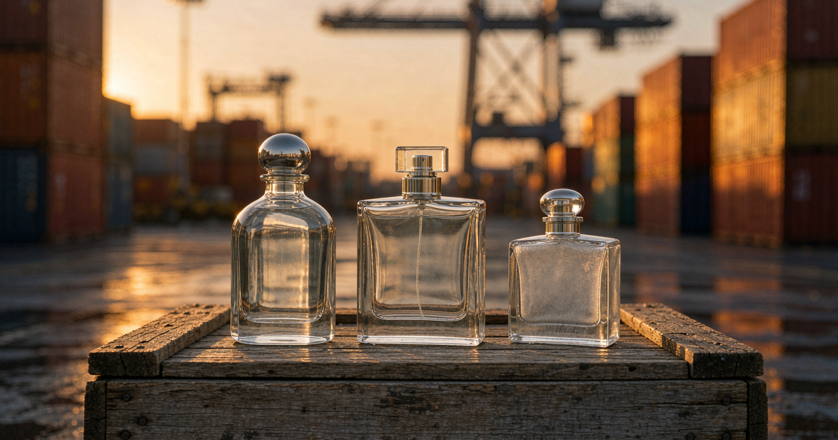 Three different clear glass perfume bottles standing on wooden shipping crates at a container port at golden hour