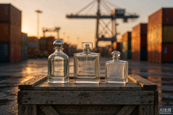 Three different clear glass perfume bottles standing on wooden shipping crates at a container port at golden hour