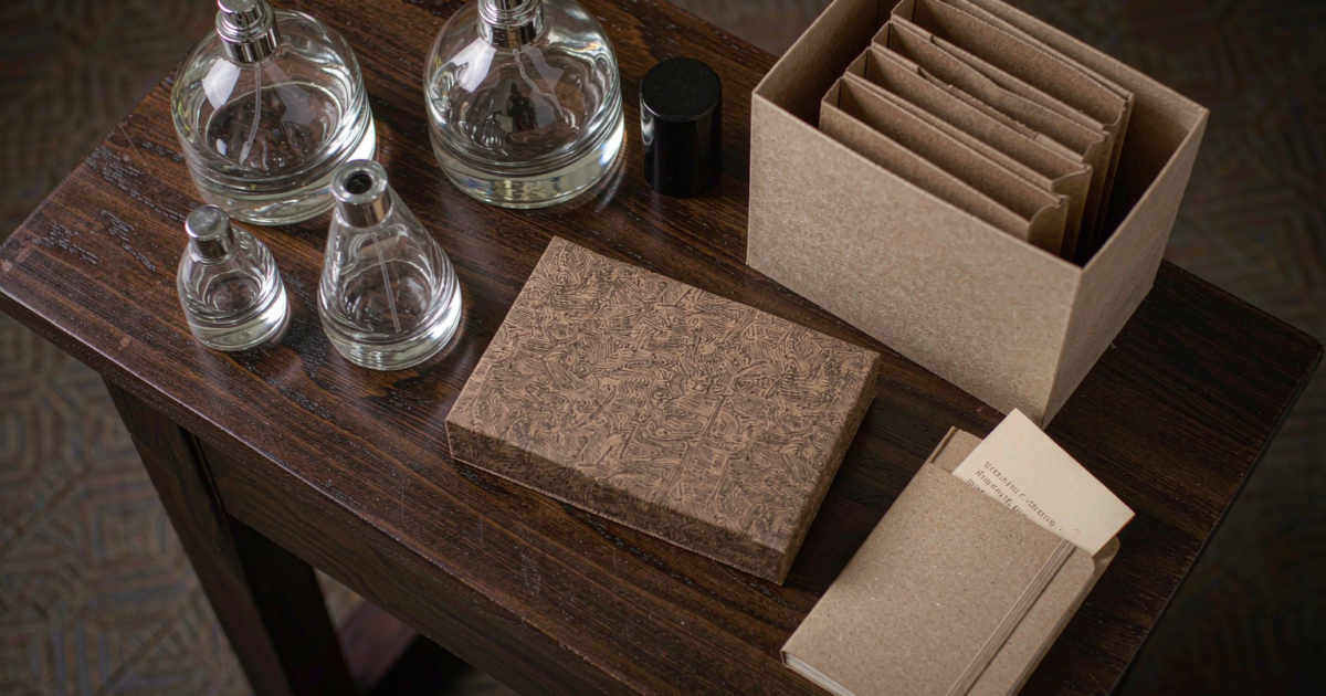 Perfume packaging components laid out on a dark wooden bench - glass bottles, spray collar, black cap, printed carton and a quotation sheet