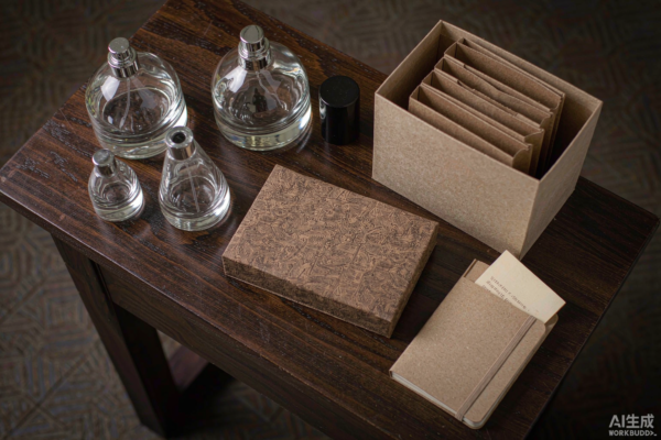 Perfume packaging components laid out on a dark wooden bench - glass bottles, spray collar, black cap, printed carton and a quotation sheet