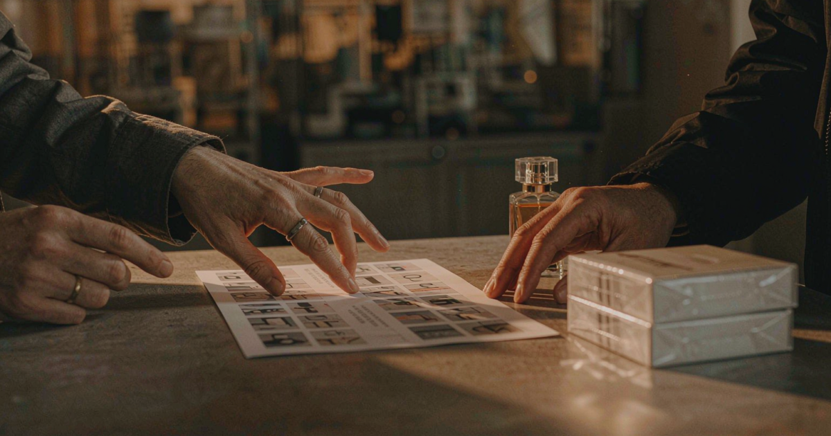 Two hands across a factory showroom table discussing a printed specification sheet beside clear glass perfume bottle samples