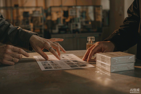 Two hands across a factory showroom table discussing a printed specification sheet beside clear glass perfume bottle samples
