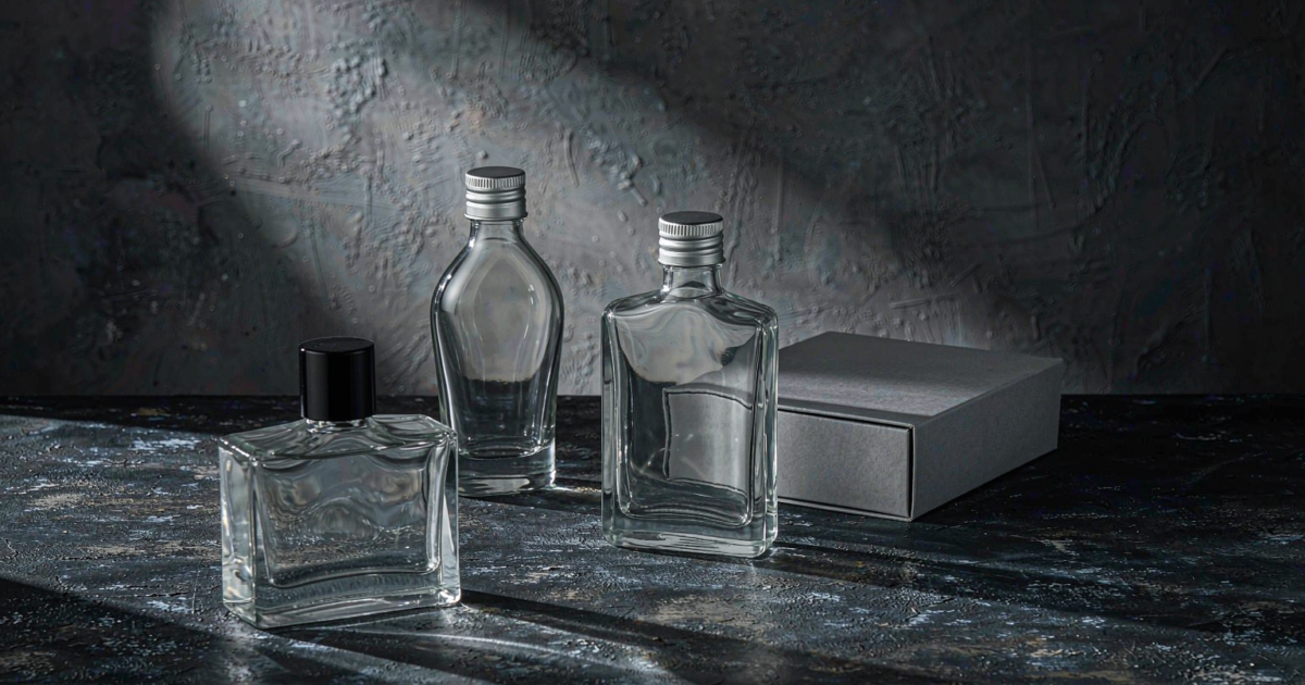 Empty clear glass cologne bottles in masculine shapes with black and metal caps arranged on dark stone, unfilled and unlabelled