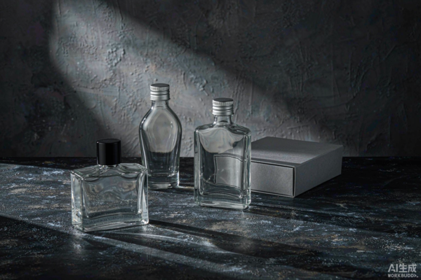 Empty clear glass cologne bottles in masculine shapes with black and metal caps arranged on dark stone, unfilled and unlabelled