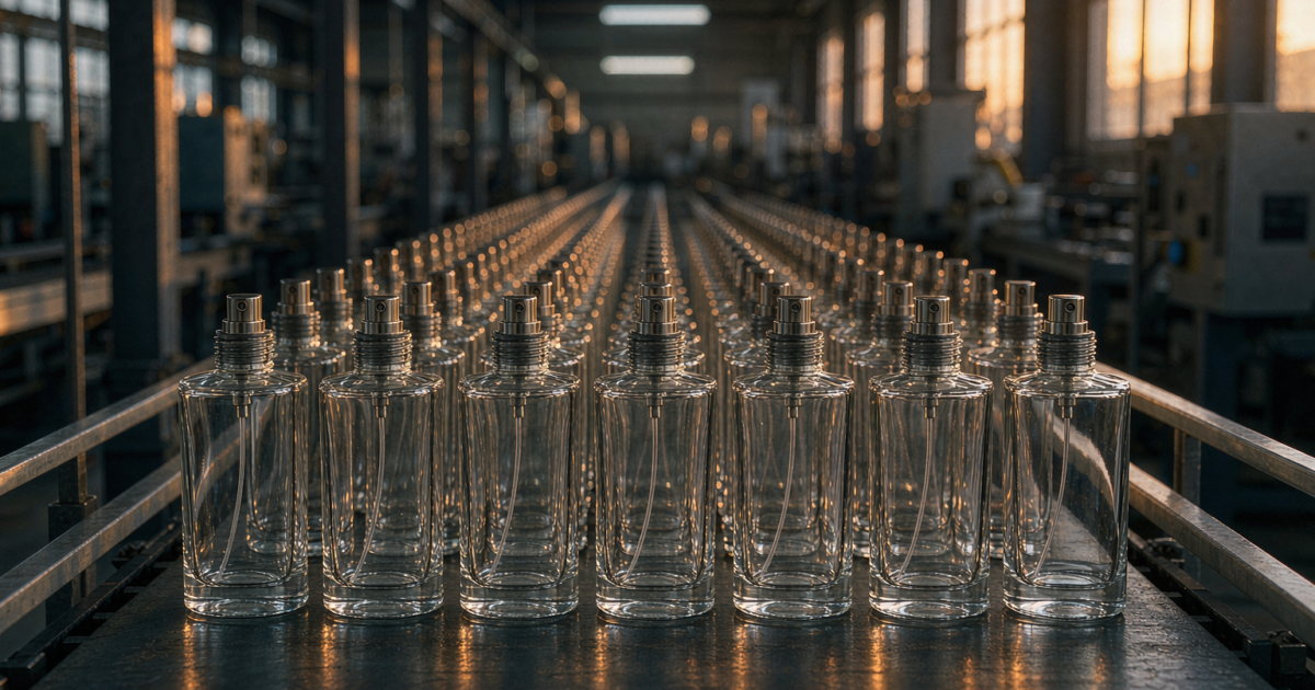 Rows of clear glass perfume bottles on a factory production line under warm golden light, illustrating production scheduling and lead times