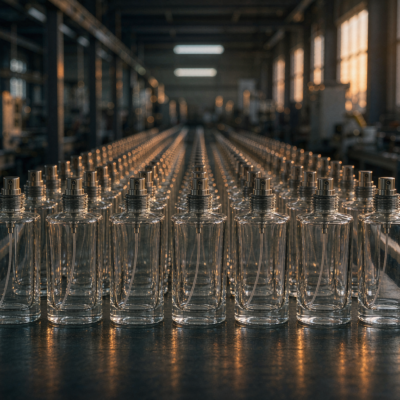 Rows of clear glass perfume bottles on a factory production line under warm golden light, illustrating production scheduling and lead times