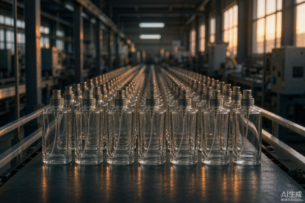 Rows of clear glass perfume bottles on a factory production line under warm golden light, illustrating production scheduling and lead times
