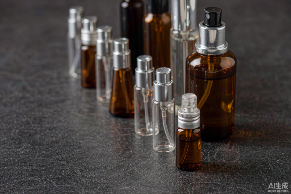 A collection of small 5ml to 15ml glass perfume bottles and travel sprays lined up on a dark stone surface under soft studio lighting