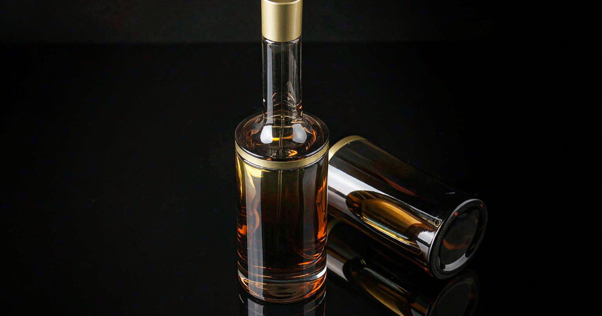 A sleek refillable glass perfume bottle with amber gradient and minimal gold cap on a reflective dark surface, next to a refill pouch