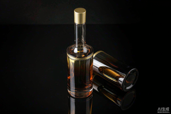 A sleek refillable glass perfume bottle with amber gradient and minimal gold cap on a reflective dark surface, next to a refill pouch