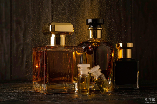 A group of premium Middle Eastern style perfume bottles including a faceted amber flacon with gold collar and small attar vials with glass stoppers
