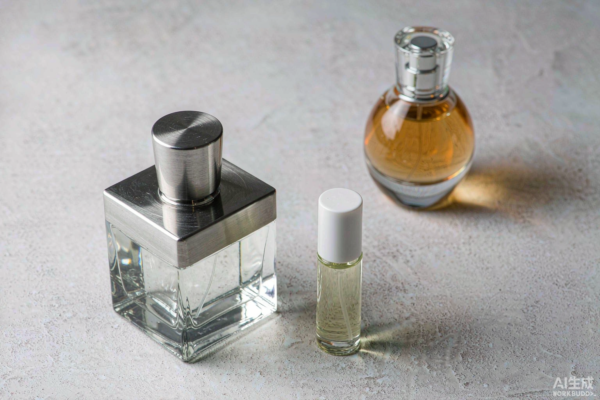 Three minimalist indie perfume bottles of different sizes on a light concrete surface, including a heavy square flacon with brushed metal cap and a small travel bottle