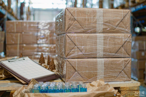 Stacked kraft cartons of glass perfume bottles on a wooden pallet with a clipboard and planning pad, clear flacons arranged in the foreground