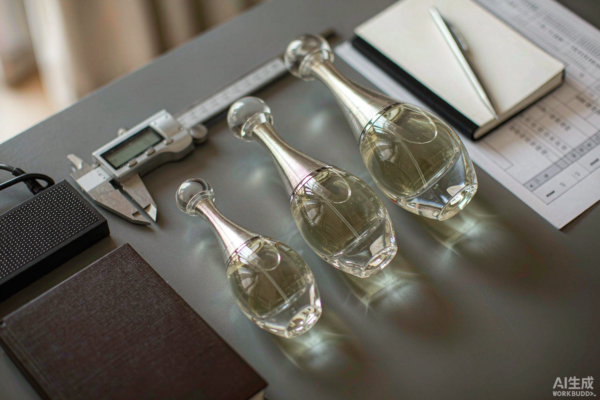Three clear glass perfume bottles on a procurement desk beside printed quotation sheets and a digital caliper