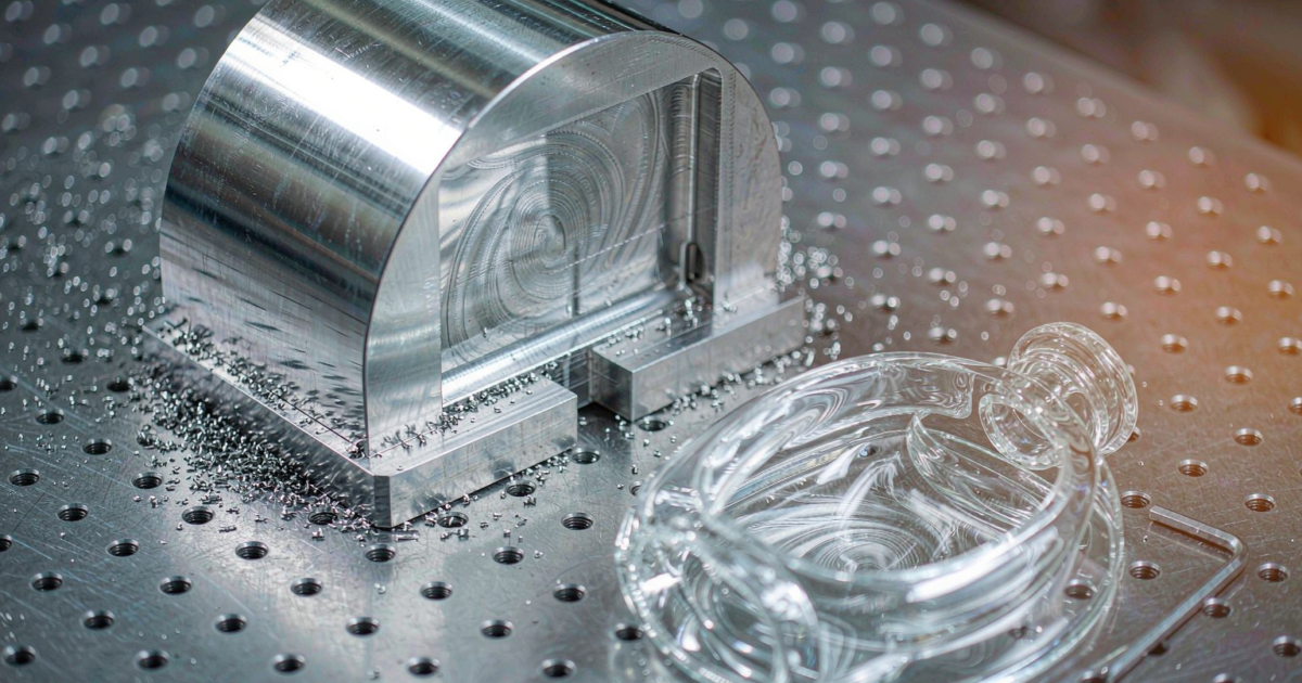 Steel blow mold half for a perfume bottle on a machined workbench beside a finished clear glass flacon